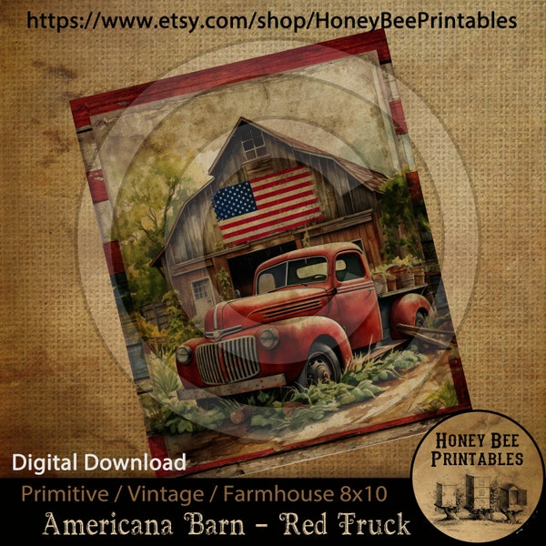 Vintage Primitive Farmhouse Instant Download Printable Sublimation Decoupage 8x10 Cans Labels Patriotic Americana Old Red Truck Flag Barn