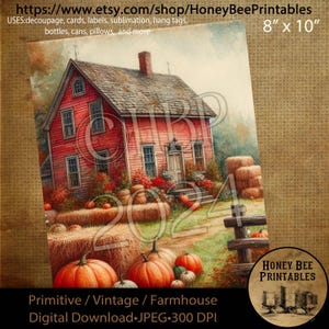 Digital Download, Digital Art, Printable, Decoupage, Primitive, Craft Supplies, Fall, Autumn, Farmhouse, Farm House, Red Saltbox, #1