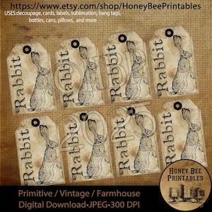 May include: Eight printable tags featuring a vintage illustration of a rabbit with the word "Rabbit" written on each tag. The tags are designed in a rustic, farmhouse style with a distressed background.