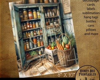 Digital Download, Printable, Decoupage, Vintage, Primitive, 8x10, Primitive Pantry, Buttery, Kitchen, Vegetables, Harvest, Canned Goods, 4