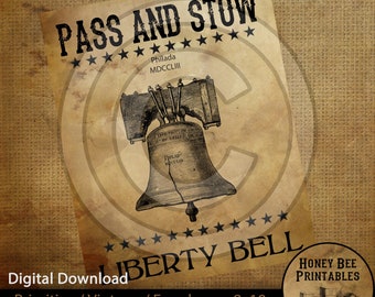 Vintage Primitive Farmhouse Instant Download Printable Sublimation Decoupage JPEG Labels Pass and Stow Liberty Bell Patriotic Americana 1776