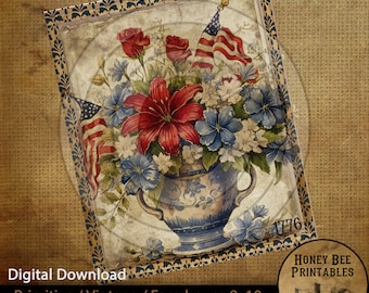 May include: A digital printable of a patriotic flower arrangement in a blue and white vase. The arrangement features red, white, and blue flowers, including lilies, roses, and forget-me-nots. The vase is decorated with a blue and white floral pattern. The image is framed with a distressed, vintage-style border. The text "1776" is visible in the lower right corner of the image.