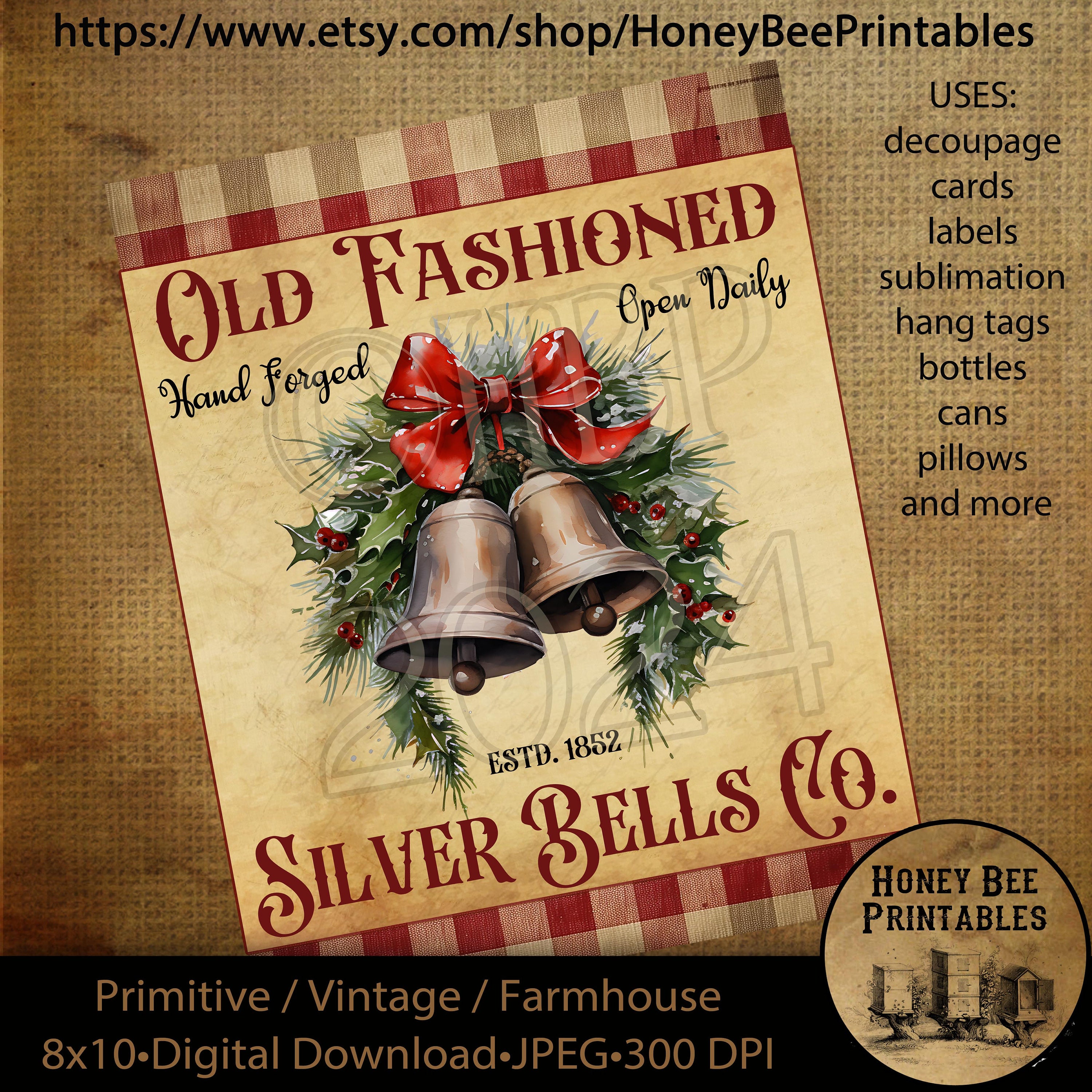 Vintage Primitive Instant Download, Printable, 8x10, Decoupage, Christmas Bells, Silver Bells, Old Fashioned Silver Bells Co., Cards, tags