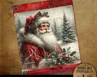 Digital Download, Printable, Decoupage, Primitive, Farmhouse, Craft Supplies, Vintage Santa, Old World Santa, Christmas, Snowy Woods, #4