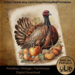 Vintage Digital Download Printable Sublimate Decoupage Primitive, Painting, Fall, Autumn, Watercolor, Beautiful Turkey, Thanksgiving 01