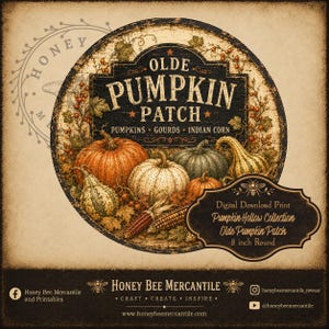 May include: A round digital download print featuring the text Olde Pumpkin Patch, Pumpkins, Gourds, Indian Corn, and Pumpkin Hollow Collection. The design displays orange and white pumpkins, gourds, and corn on a dark background with 8 inch round text.