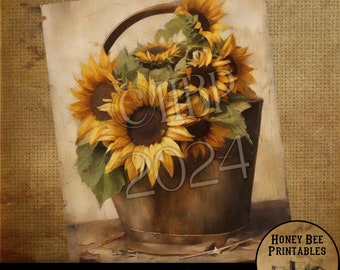 May include: A vintage-style painting of a rustic metal bucket overflowing with a bouquet of bright yellow sunflowers. The sunflowers are arranged in a natural, casual way, with some of the blooms facing the viewer and others facing away. The background is a soft, faded beige, giving the painting a warm and inviting feel.