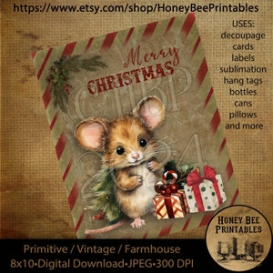 Vintage Primitive Instant Download Printable Decoupage, Vintage Christmas Mouse, Mice, Christmas, Merry Christmas, Cards, Labels, Tags,