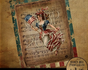 May include: Vintage printable featuring a woman in a red, white, and blue dress holding an American flag. The background is a sheet of music with the words "God Bless America" printed on it.