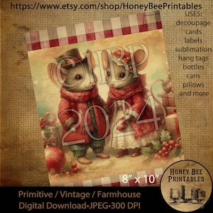 Digital Download, Printable, Decoupage, Vintage,  Primitive, Farmhouse, 8x10, Christmas, Victorian Mice, Christmas Mice, Mouse, #2