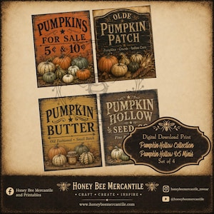 May include: A set of four rectangular digital prints featuring autumn pumpkin themes. The signs display text including PUMPKINS FOR SALE, OLDE PUMPKIN PATCH, PUMPKIN BUTTER, and PUMPKIN HOLLOW SEED CO, accompanied by illustrations of various pumpkins and gourds.