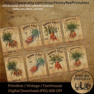 May include: Eight vintage printable labels featuring illustrations of carrots and text that reads "Bunny Bait", "Rabbit Bait", "Cottontail's Seed Co.", and "Bunny Trail Carrot Patch".