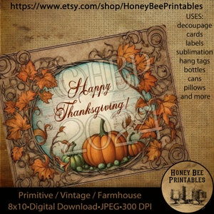 Vintage Primitive Instant Download Printable Decoupage, Fall, Autumn, Pumpkins, Happy Thanksgiving, Sign, Cards, Hang Tags, Labels