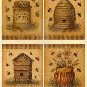 Bee Skep, Honigtopf, Honigglas, Bienenstand, Sommer, Blumen, digitaler Download, digitale Kunst, bedruckbar, Decoupage, primitiv, Set / 4, 4x5