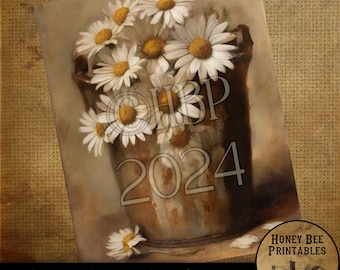 May include: A vintage-style illustration of a rusty metal bucket filled with white daisies. The bucket has the year 2024 printed on it. The image has a rustic farmhouse aesthetic.