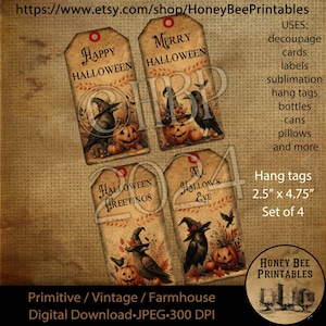 Digital Download, Printable, Decoupage, Primitive, Halloween, witch hat, jack-o-lantern, fall, autumn,  hang tags, Set of 4, 2.50&quot; x 4.75