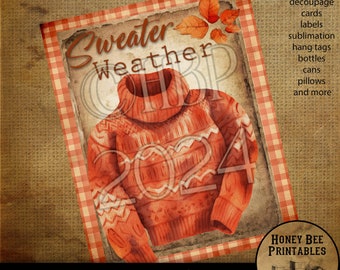May include: A digital printable design featuring a red sweater with the text "Sweater Weather 2024" on a white and red gingham background. The design is perfect for crafting projects like cards, labels, and more.