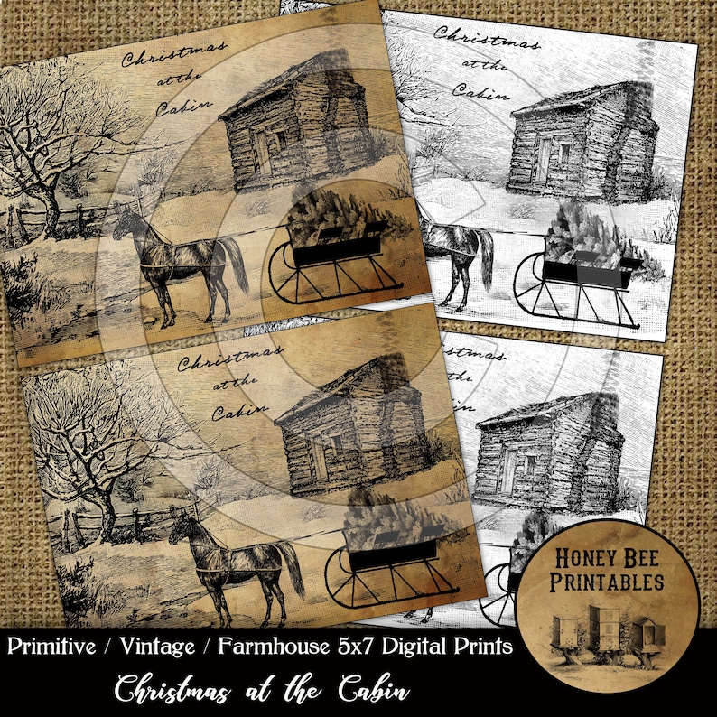 May include: A set of four digital printable images featuring a vintage illustration of a cabin in the woods with a horse-drawn sleigh. The text "Christmas at the Cabin" is included in the image.