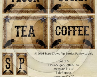 Primitive Crow Star Pip Kitchen Pantry Farmhouse Labels Logo - Printable Digital JPEG - Instant Download -12964 for Crocks Jars Canisters