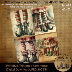 May include: Set of four digital download prints featuring vintage-style illustrations of elf legs and boots. Each print measures 4" x 5". The prints showcase red and white striped stockings and green elf boots. The text includes "Primitive / Vintage / Farmhouse".