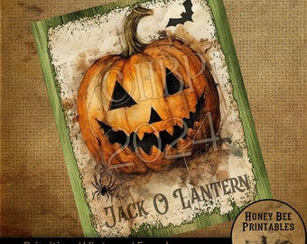 Vintage Digital Download Printable Sublimate Decoupage Primitive,Pumpkins, Fall, Autumn, Halloween, Grungy Jack-0-Lantern, Green Wood Border