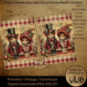 Digital Download, Printable, Decoupage, Vintage,  Primitive, Farmhouse, 5x7, Set of 2, Christmas, Victorian Mice, Christmas Mice, Mouse, #4