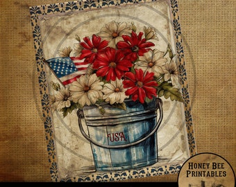 Vintage Primitive Farmhouse Digital Download Printable 8x10 Sublimation Decoupage Cans Labels Patriotic Americana Old Bucket Red Daisies USA
