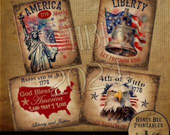 Vintage Primitive Farmhouse Digital Download Printable Decoupage Patriotic, Lady Liberty, Eagle, American Flag, Fireworks, 1776, Labels 2