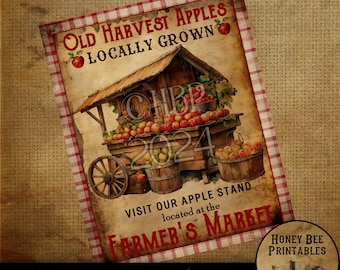 Vintage Primitive Farmhouse Digital Download Printable Sublimation Decoupage Labels, Old Harvest Apples, Vintage Apples, Apple Stand, Fruit