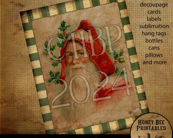 Vintage Primitive Instant Download Printable Decoupage, Old World Santa, Father Christmas, Santa Claus, Old Time Santa, Christmas, Green 2