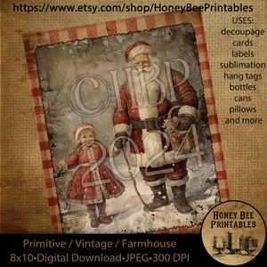 vintage primitif instantané téléchargement imprimable découpage, Noël, Noël vintage, père Noël, petite fille, cartes, étiquettes, ornements