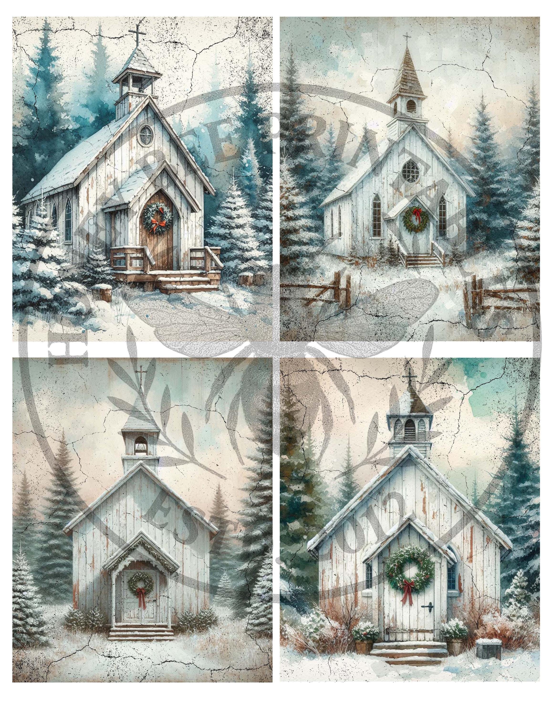 Digital Download, Digital Art, Printable, Decoupage, Primitive, Farmhouse, Craft Supplies, Set of 4, 4x5, Rustic Church, Winter, Christmas