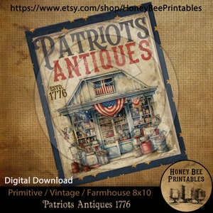 Etiquetas para latas de decoupage de sublimación, imprimibles, de estilo rústico primitivo vintage, de 8 x 10 pulgadas, con motivos patrióticos americanos, para tienda de antigüedades.