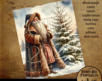 Vintage Primitive Instant Download, Printable, 8x10, Decoupage, Karten, Weihnachten, Weihnachtsmann, Old World Santa, Belsnickel, Baum, Schnee, 03