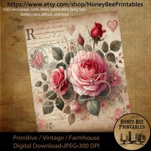 Download digital, imprimível, decoupage, primitivo, materiais de artesanato, vintage, rústico, surrado, dia dos namorados, rosas, rosa, flores, floral, amor, 2