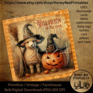以下が含まれることがあります： 魔女の帽子をかぶってほうきを持ったかわいい羊が、魔女の帽子をかぶったジャック・オー・ランタンの隣に立っているデジタルプリント。画像の上に「HALLOWEEN on the Farm」というテキストがあります。画像は8x8インチで300 DPIです。
