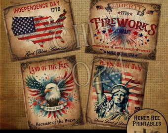 Vintage Primitive Farmhouse Digital Download Printable Decoupage Patriotic, America, Liberty, Eagle American Flag, Fireworks, 1776, Labels