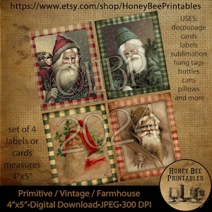 Vintage Primitive Instant Download Printable Decoupage, Christmas, Old World Santa, Father Christmas, Set /4 cards, labels, tags, ornaments