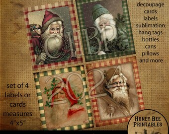 Vintage Primitive Instant Download Printable Decoupage, Christmas, Old World Santa, Father Christmas, Set /4 cards, labels, tags, ornaments