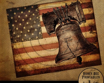 Vintage Primitive Farmhouse Digital Download Printable Sublimation Decoupage Labels Patriotic Grungy American Flag Liberty Bell Bronze 1876