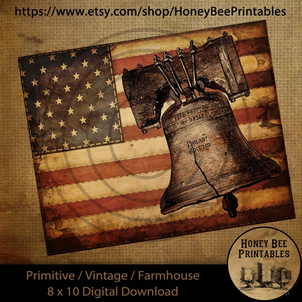 Vintage Primitive Farmhouse Digital Download Printable Sublimation Decoupage Labels Patriotic Grungy American Flag Liberty Bell Bronze 1876