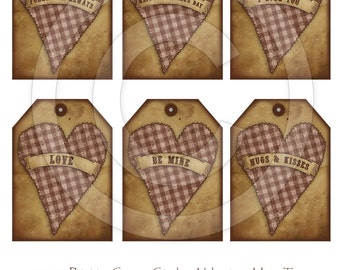 Etiquetas colgantes primitivas de San Valentín con corazones de cuadros escoceses, archivo JPEG digital imprimible, descarga instantánea, para muñecas, osos, regalos, álbumes de recortes