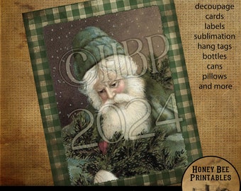 Vintage Primitive Instant Download Printable Decoupage, Old World Santa, Father Christmas, Santa Claus, Old Time Santa, Christmas, Green 1