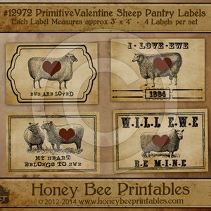 May include: Four printable Valentine's Day labels featuring sheep and hearts. The labels say "I Love Ewe", "Ewe Are Loved", "Will Ewe Be Mine", and "My Heart Belongs To Ewe".