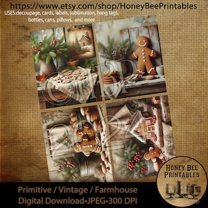 Digital Download, Digital Art, Printable, Decoupage, Primitive, Farmhouse, Craft Supplies, Set / 4, 4x5, Gingerbread Man, Cookies, Christmas