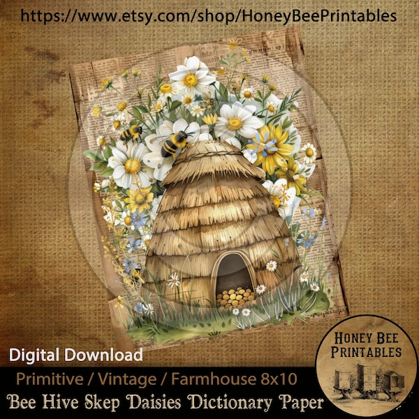 Vintage Primitive Farmhouse Instant Download Printable Sublimation Decoupage JPEG Labels Bee Skep Bee Hive Daisies Honey Summer Dictionary