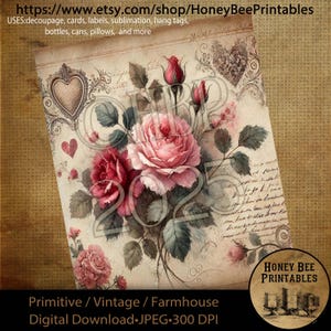 Download digital, imprimível, decoupage, primitivo, suprimentos de artesanato, vintage, rústico, surrado, dia dos namorados, rosas, rosa, flores, floral, amor, 1