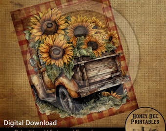 May include: A digital download of a vintage-style illustration featuring a red and white plaid truck bed filled with sunflowers. The truck is rusty and has a wooden bed. The background is a red and white checkered pattern.