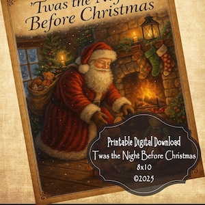 May include: A vintage-style Christmas print featuring Santa Claus by a fireplace, with the text "'Twas the Night Before Christmas." The print is 8x10 inches and includes the Honey Bee Mercantile logo.