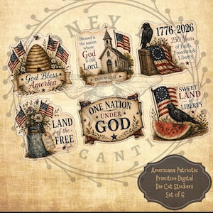 May include: A set of six Americana patriotic die-cut stickers. The stickers feature various designs, including American flags, a church, a beehive, and the text "God Bless America" and "One Nation Under God".
